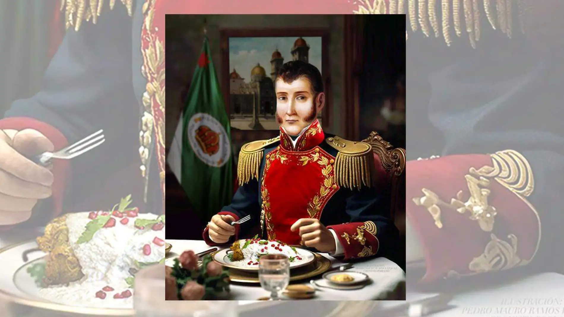 Retrato de Agustín de Iturbide que ilustra el momento en el que el caudillo degusta los chiles en nogada en Puebla, en agosto de 1821